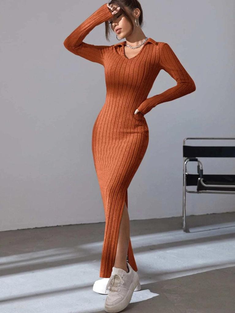 2024 Spring/Summer Women's Ribbed Knit Slim Fit Long Sleeve Lapel Dress