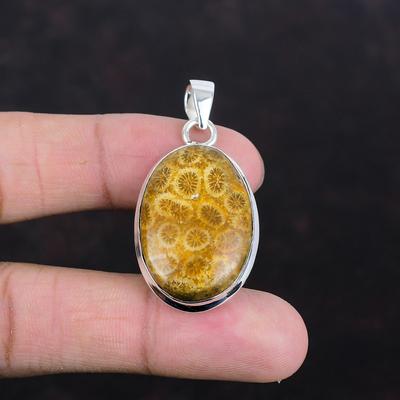 Fossile Koralle Anhänger Echter Edelstein Anhänger 925 Sterlingsilber Anhänger Designerschmuck Handgefertigter Anhänger Geschenke für Sie Brandneuer Schmuck