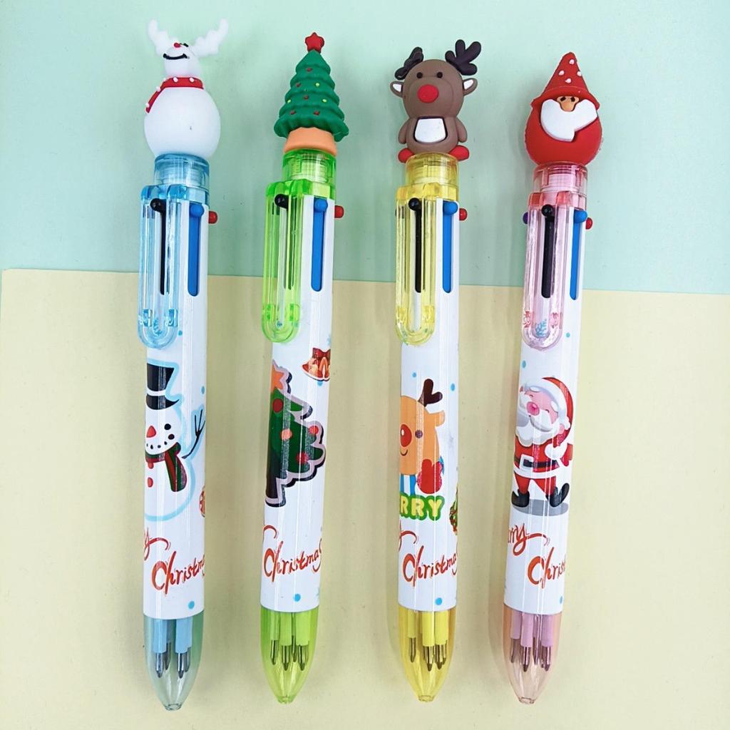 Creative Christmas 6-Color Ballpoint Pen with Cartoon Santa Claus - Ideal for Holiday Journaling and Student Prizes.