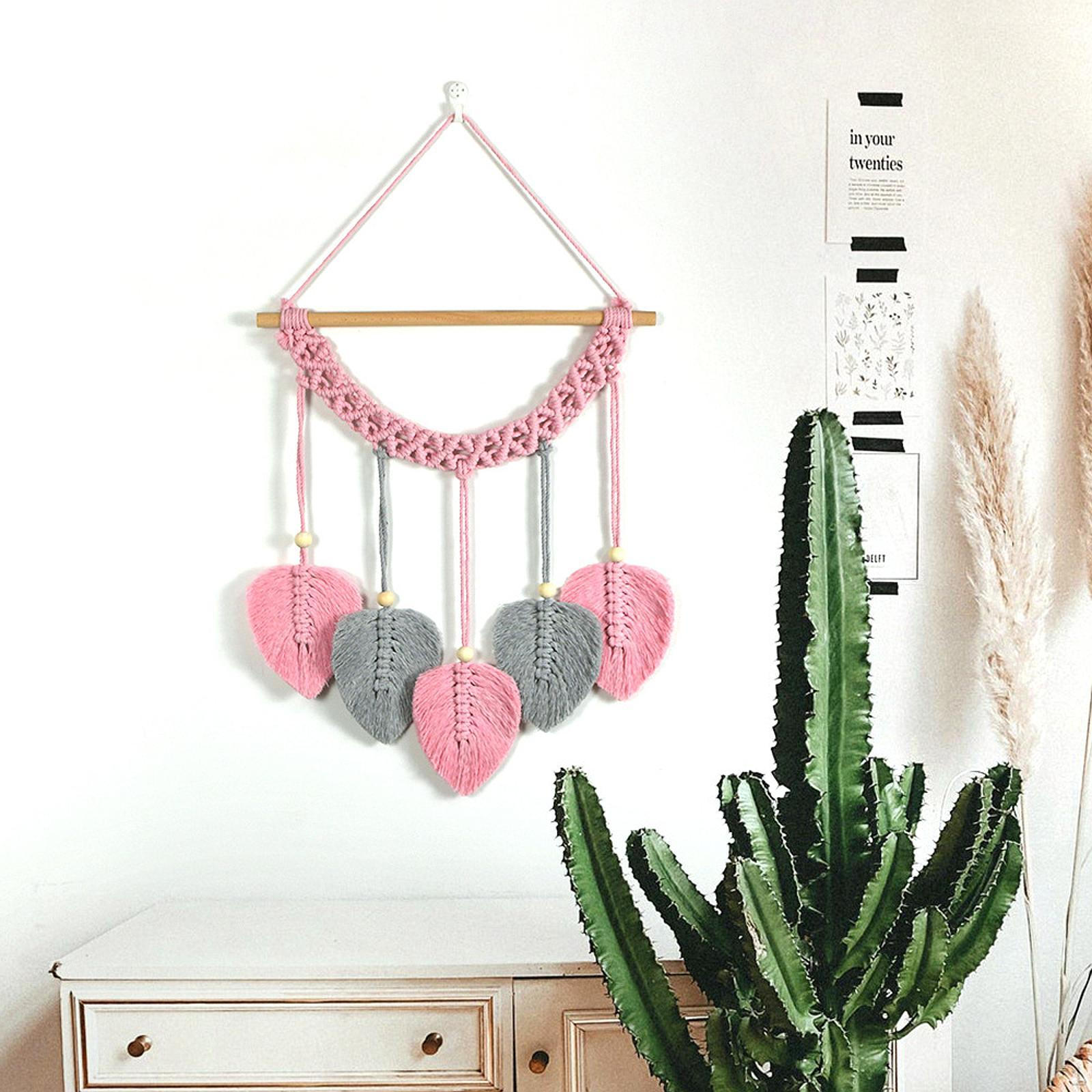 

Тканый вручную макраме настенный гобелен с листьями и кистями, богемный декор для комнаты в общежитии розовый