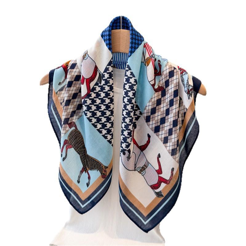 Kariertes Pferd Fischgrätenmuster Baumwolle und Leinen Kleiner quadratischer Schal Seidenschal Imitat Samt Kopftuch Schal Sonnenschutzschal