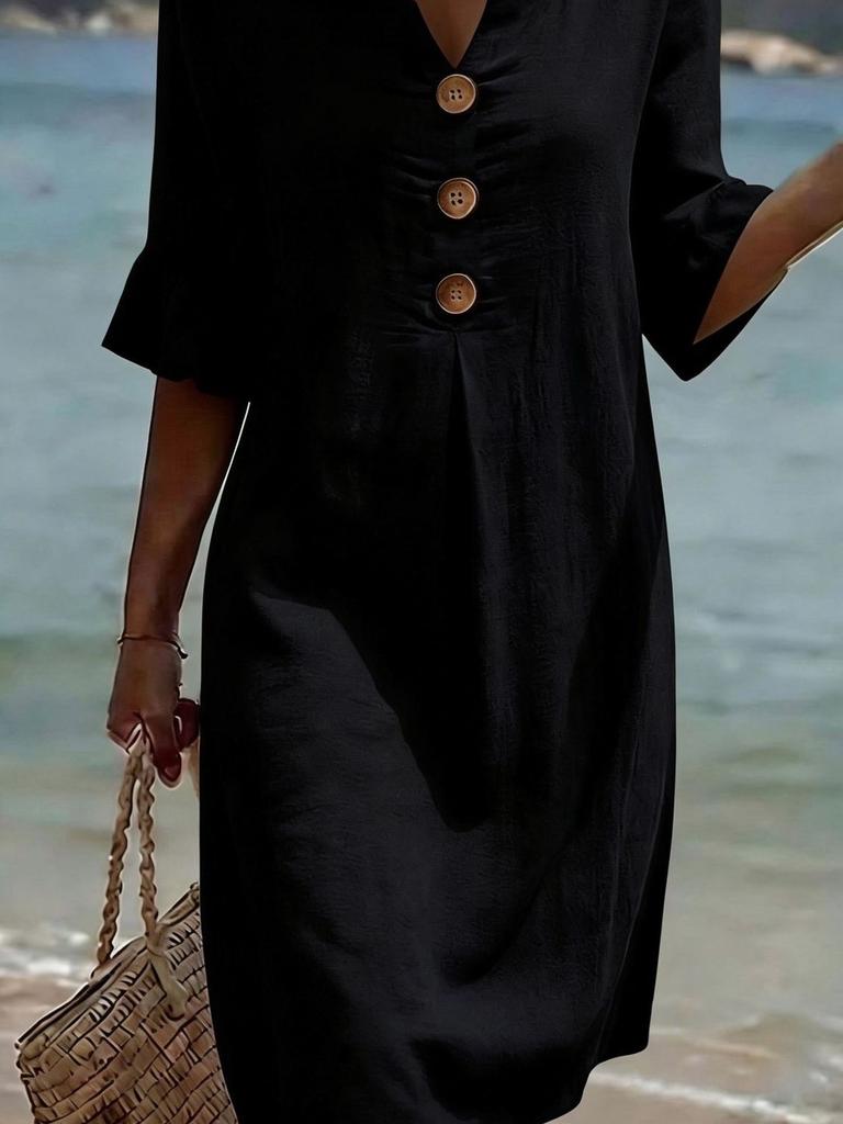 Summer New Cotton Linen V-Neck Buttoned Ruffled Sleeve Dress for Women