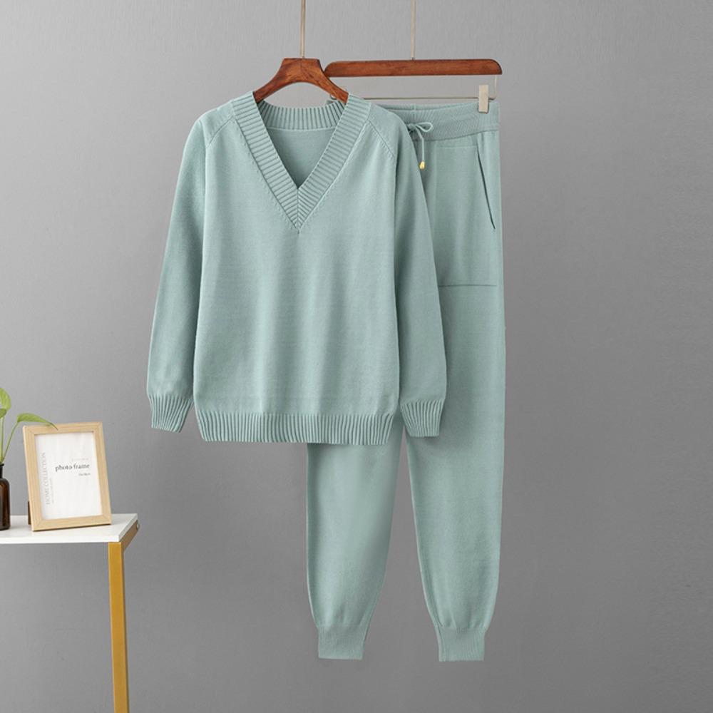 Women's  Autumn Winter  V Neck Sweater Two Piece Set  Knitted Pants Suits Fashion Casual Pullover Tracksuits Outwear