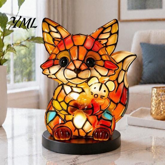 Pastoral Style Study Table Lamp Vintage Stained Glass Desk Lamp, Cute Animal Night Light, Decorative Bedroom Bedside Decor Ornament Reading
