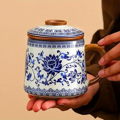 400ml Blue and White Ceramic Tea Mug with Lid – Handmade Floral Coffee Cup, Traditional Chinese Design for Home and Office