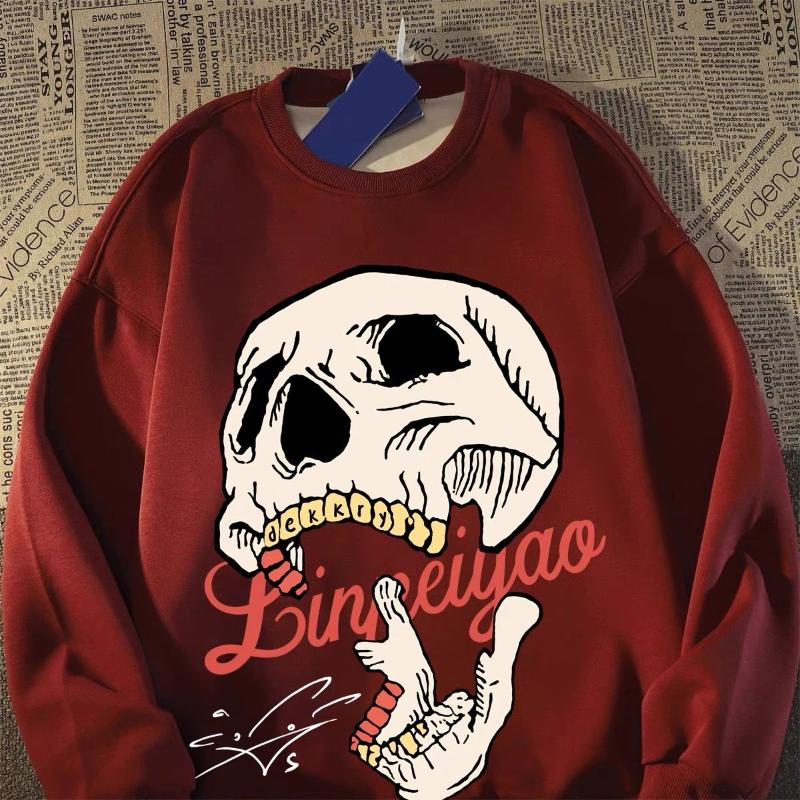 

Американский Хип-хоп Красивая Тяжелая Футболка Мужская Осень Зима Уличная Принт Черепа Свободные Топы с Длинным Рукавом Модные XXL вино красного