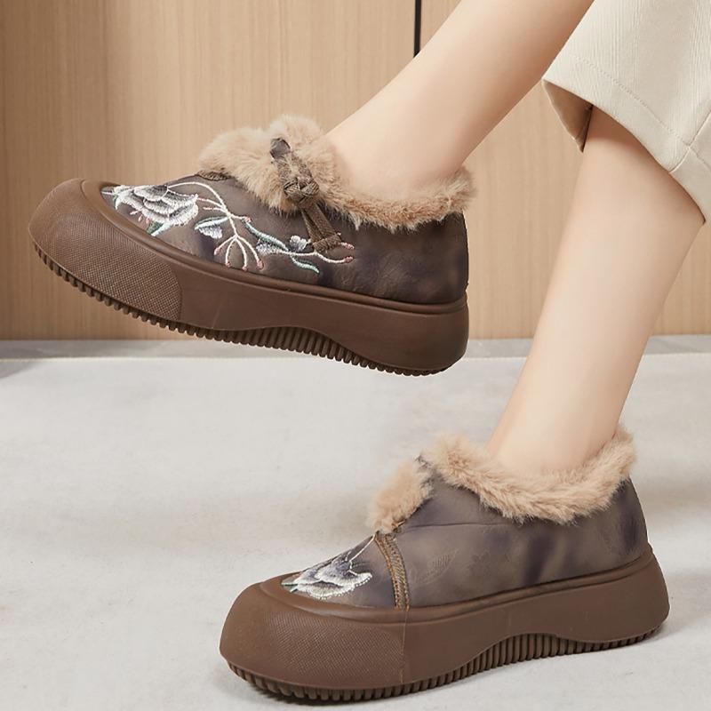 Women Winter Ethnic Style Furry Slip On Cotton Shoes, Thick Fleece Lined Outdoor Snow Boots