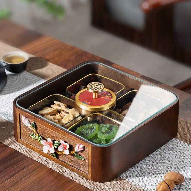 Elegant Chinese-Inspired Wooden Snack Tray With Lid 4-Compartment Fruit Nut Server Tea Time Gathering