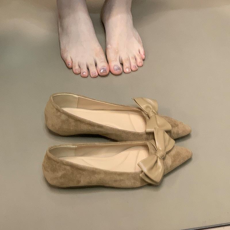 

Miyou новый продукт, замша с острым носком, темпераментные туфли-лодочки на низком каблуке, бант 2025 осень новые универсальные туфли для работы 40 хаки