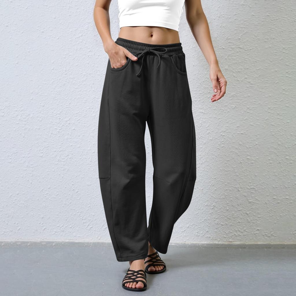 Women's Barrel Leg Sweatpant Drawstring Elastic Waisted Wide Leg Pants Casual Cotton Palazzo Trousers With Pockets