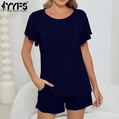 Women's Fashion Casual Summer Spring Solid Color Print Short Sleeve O-Neck Trousers Pants Suits