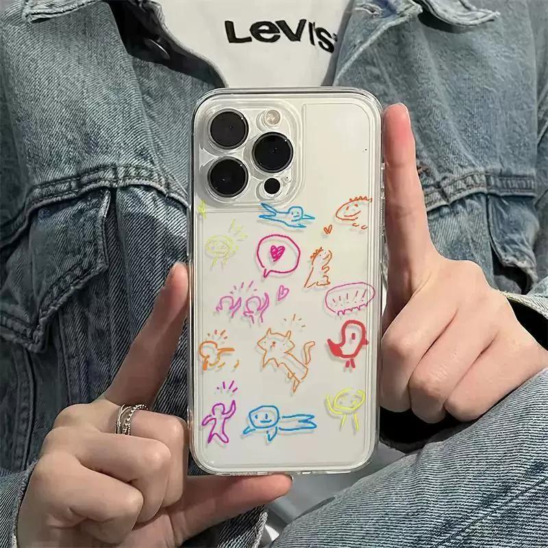 Cute Doodle Clear Phone Case, Colorful Cartoon Dinosaur Animal Shockproof Cover for iPhone