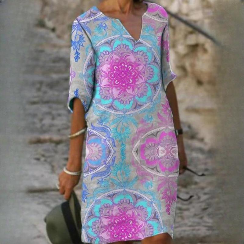 IHUASU Damen Sommer Bedruckt Lose Bambusfaser Leinen Blumen Kurzarm Damen Vintage Literatur Rundhals Fünf Punkte Ärmel