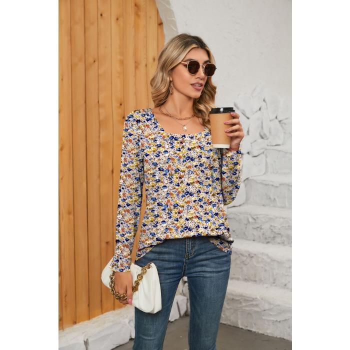 Autumn Women's Blouse Long Sleeve Square Neck Loose Comfortable Casual Printed Top