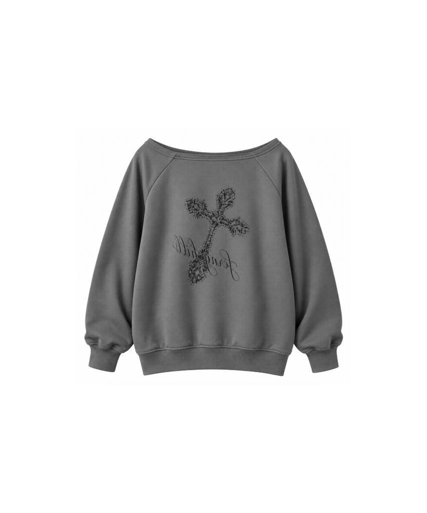 PEONIHILJEU Cross Off-Shoulder Sweatshirt Charcoal