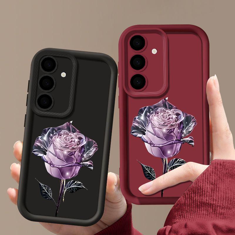 Crystal Rose Floral Print TPU Shockproof Phone Case For Samsung S25 Ultra S24 FE S23 Plus S22 A56 A36 A16 A55 A06 A15 A35 A05 Soft Matte Bumper Cover