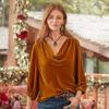 New Women's Long Sleeve Solid Color Velvet Turtleneck Pleated T-Shirt for Autumn Winter