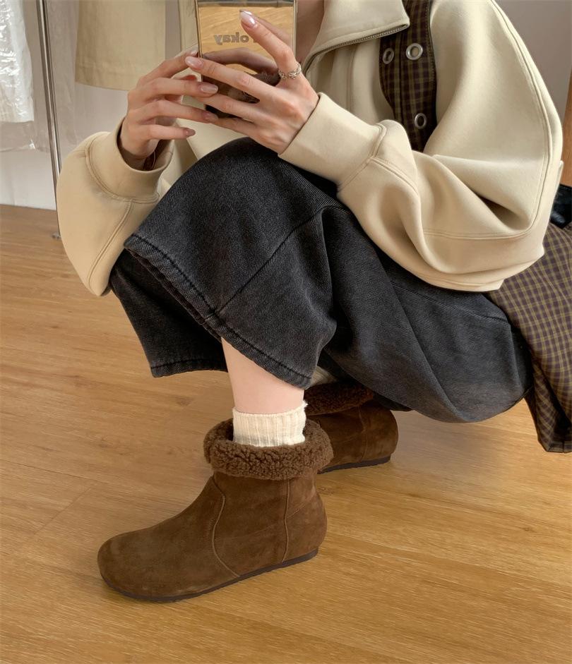 Snow cotton boots women's big head ugly cute bread shoes lapel two wear Boken shoes matte leather retro velvet flat boots