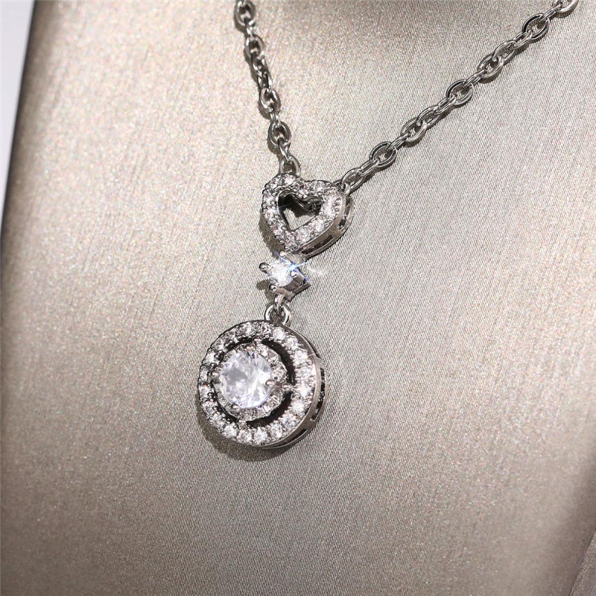 Hollow Heart Linked Double Halo Round Stone Drop Pendant Two Tone Option Cable Chain Clavicle Necklace