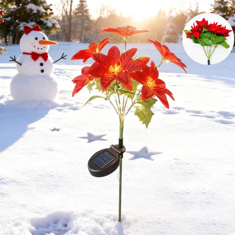

New LED Solar Flower Poinsettia Artificial Flower Light, Suitable for Decorating Christmas Gardens, Lawns, Park and Courtyards 1pc