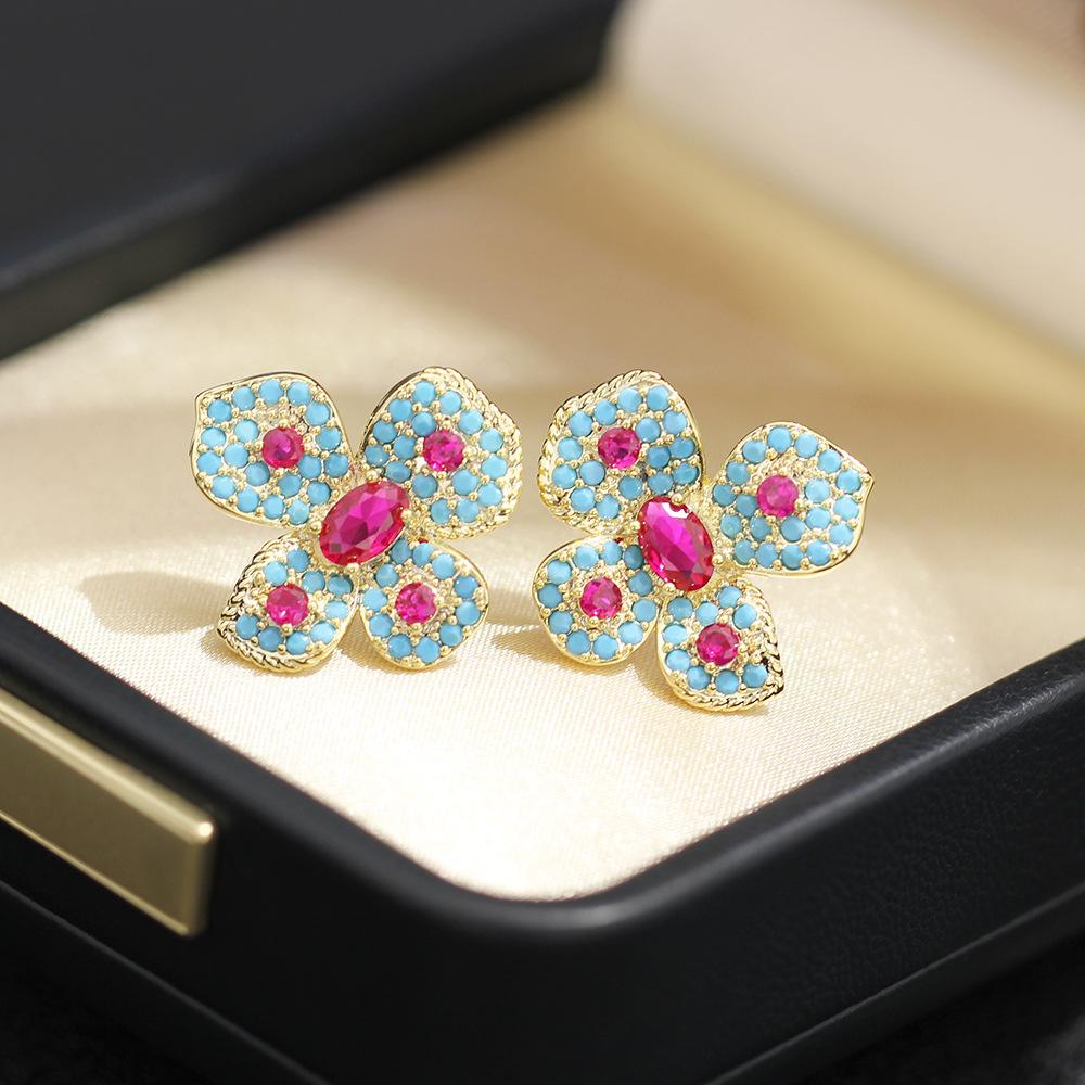 High-end micro-inlaid zircon blue flower stud earrings light luxury and versatile red petal 925 silver needle earrings women's earrings