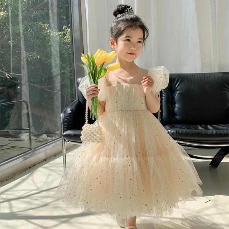 Kids Dress Girls'  Princess Birthday Party Bow Summer Skirt Baby Girl's Bubble Sleeve Mesh Sequin Sweet Cute Dress
