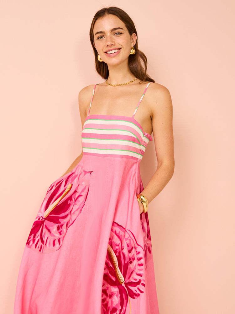 Evropské a americké dámské elegantní letní šaty s vysokým pasem a rostlinným potiskem (2025)