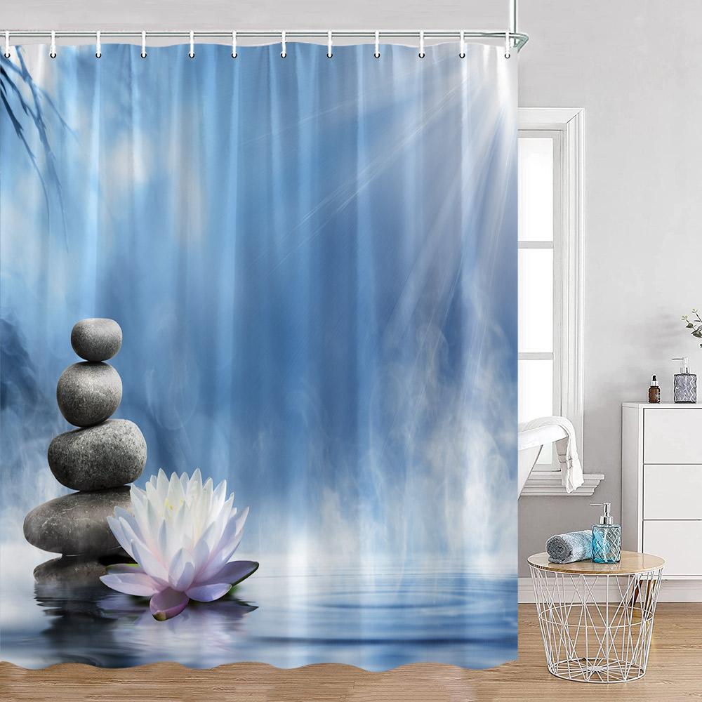 Zen Green Bamboo Shower Curtain Orchid Buddha Meditation Black Stone Candle Stream Plant Bathroom Decor Polyester Bath Curtain