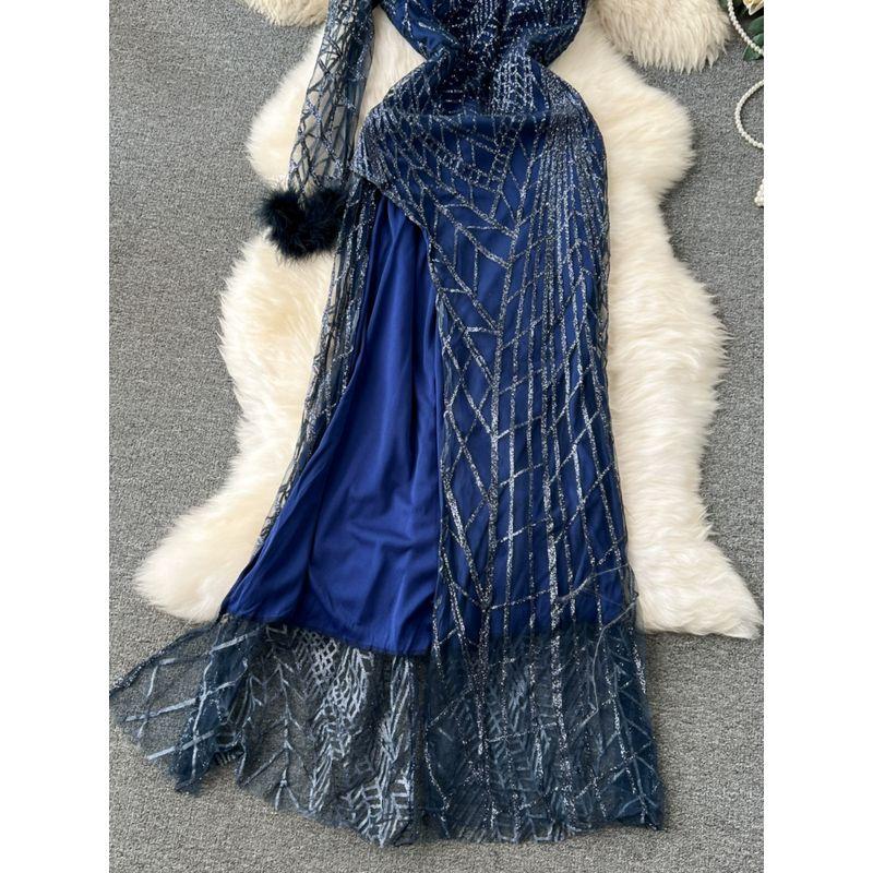 Sloping Shoulder Dress Ins Feather Sequins Long Dress