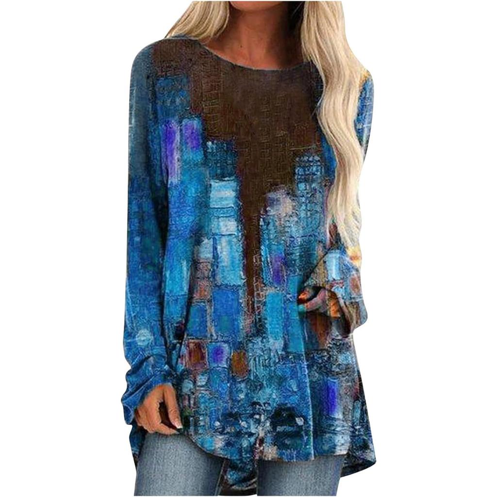 Spring and Autumn Round Neck 3D Color Blocking Printed Top Fashionable Casual Long Sleeved Women's T-shirts