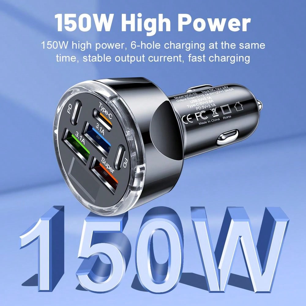 6-in-1 Car Charger with Digital Display, 150W Super Power Multiple Protection Car Adapter with PD and QC3.0 Fast Charging Technology