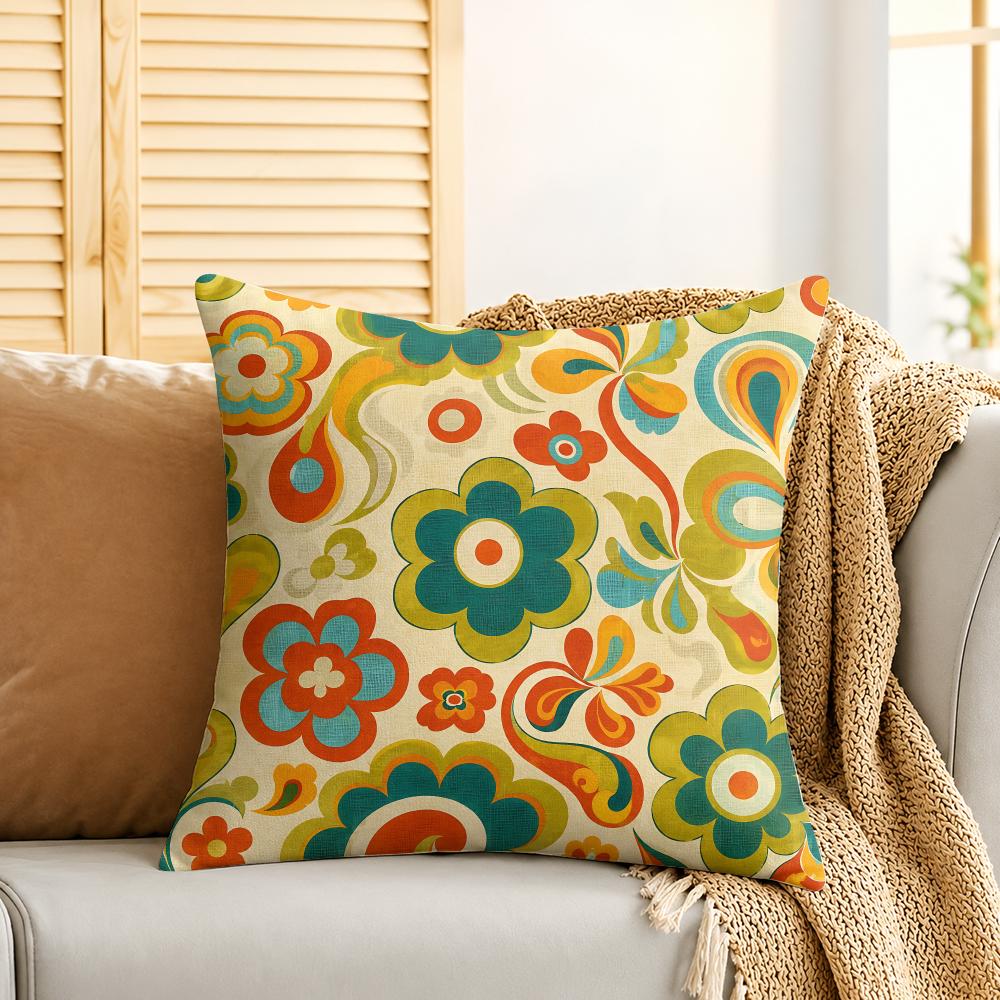 Groovy Retro Blumen Kissenbezug Seidiger Kurzer Plüsch Unsichtbarer Reißverschluss Staubdicht Sofakissenbezug Für Heimdekoration