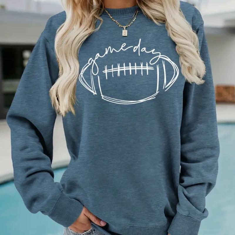 Autumn&Spring Clothing Hand Drawn Rugby Print Sweater Tops for Women Round Neck Long Sleeve