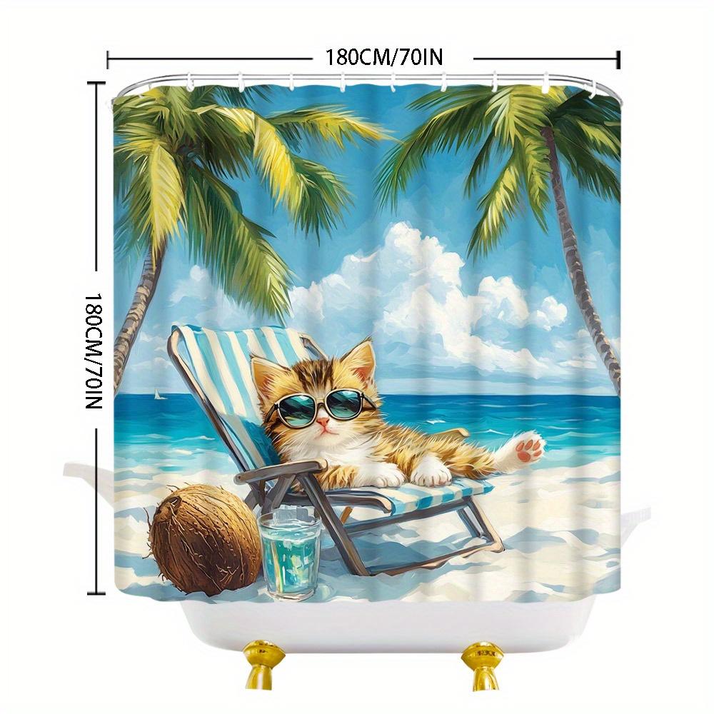 Beach-Themed Kitten Shower Curtain - Cat In Sunglasses, Palm Trees & Coconuts, Tropical Style, Machine Washable Polyester