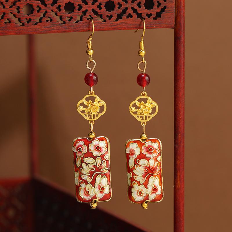 Original design cloisonne earrings women's retro enamel flower square brand earrings medium cheongsam earrings