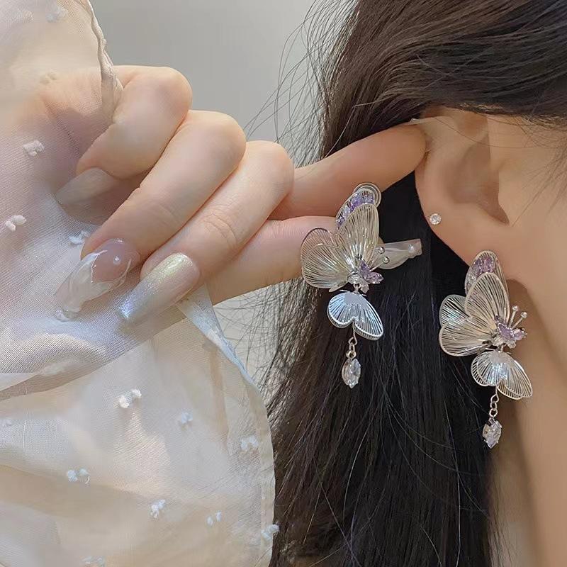 Purple Zircon Silver Color Hollow Butterfly Tassel Earrings For Women Fashionable Daily Accessory Party Jewelry Birthday Gifts