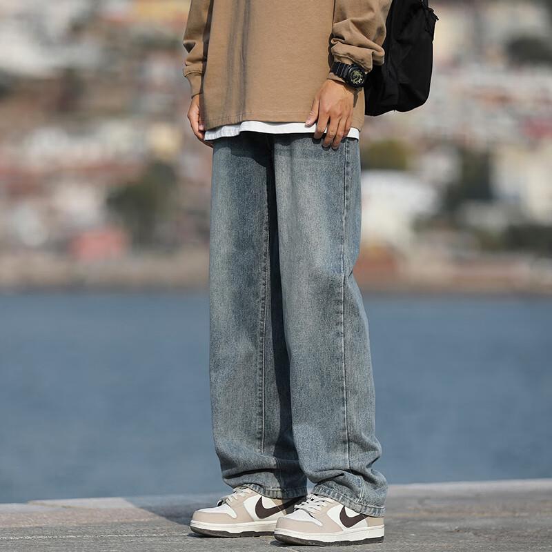 Homlean Men's American High Street Washed Loose Straight Leg Denim Jeans