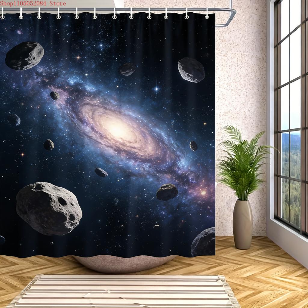 Spiral Galaxy in Deep Space with Asteroids Waterproof Shower Curtain for Cosmic Bathroom Decor