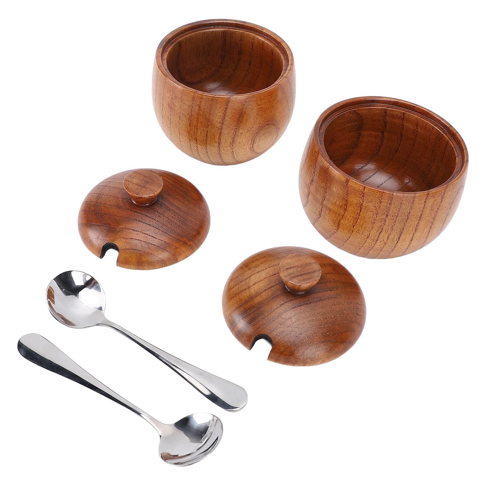 2pcs Wood Salt Bowl Multifunctional Salt Jar with Lid Spoon for Sugar Condiment Spices L