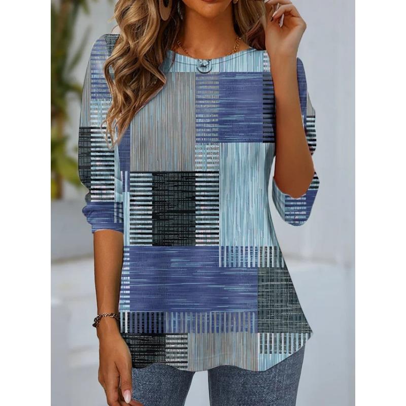 

Винтажная клетчатая футболка с длинным рукавом для женщин, полиэстеровая ткань, женская мода, графический принт, круглый вырез, пуловер, осенняя одежда L