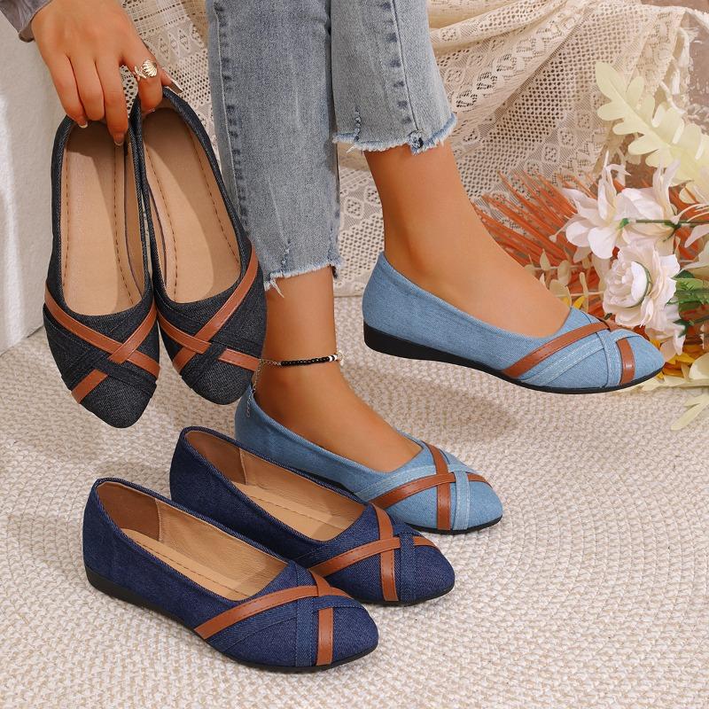 Women's Denim Slip-On Flats, Round Toe Cross Strap Loafers, Plus Size Casual Work Shoes