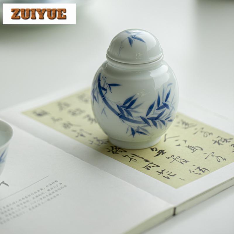 Hand-painted Bamboo Blue And White Tea Box Organizer Moisture-proof Elegant Storage Tank Containers Tea Caddy Tea Collection