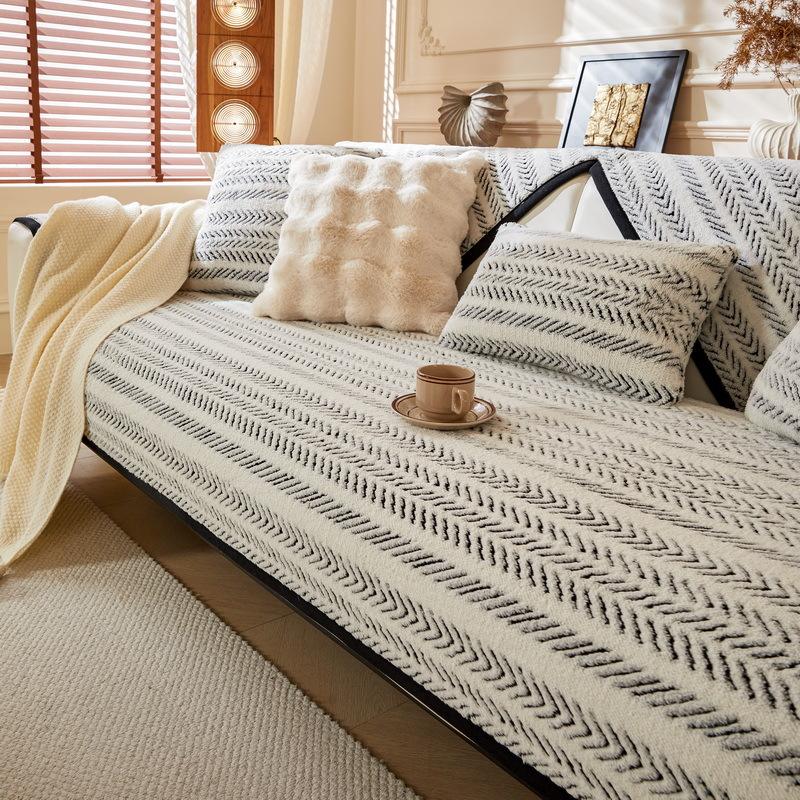 Sofa Cushion  New Thousand Bird Grid Thickened Plush Seat Cushion High-end Non-slip Leather Sofa Cover Winter Cover