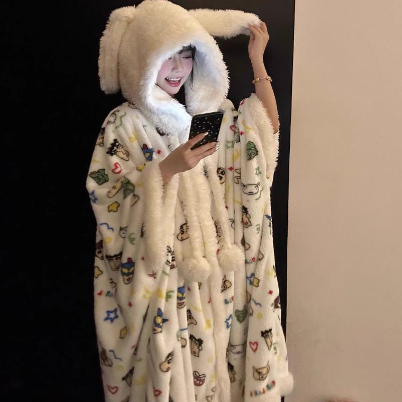 Women's Crayon Shin-chan Coral Fleece Hooded Robe - Velvet, Thick, Long Cape Pajamas, Cozy Loungewear