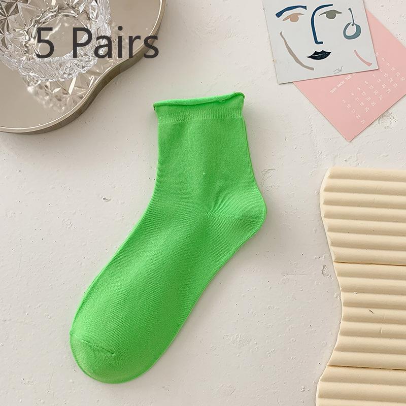 5 Pairs of Cute Candy Colored Rolled Up Mid Top Socks for Women In Summer