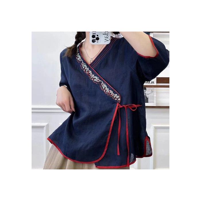 2023 Ethnic Retro Chinese Embroidered Ramie Shirt—Women's Loose Oblique Collar Top for Tea Ceremony