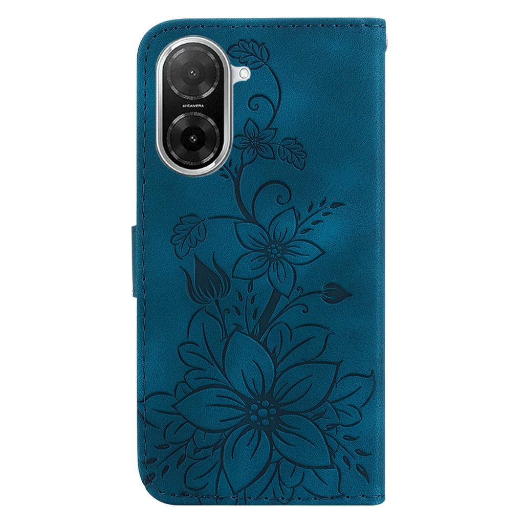 For Xiaomi Redmi A5 4G (171.7mm)/Poco C71 4G Stand Case Lily Flower Imprint Leather Phone Cover with Wrist Strap