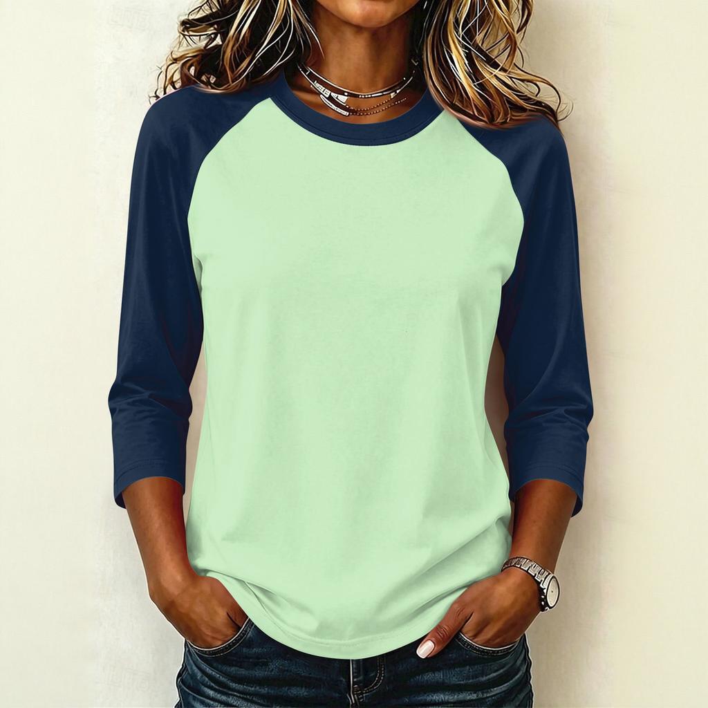 Women's Casual Color Block Pullover T-Shirt, Raglan 3/4 Sleeve, Round Neck, Lightweight Top for Summer, Spring, and Fall