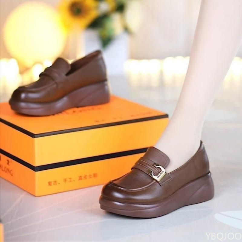 Women'S Single Shoe Retro Leather New Thick Soled British Loafers Round Toe Comfortable Sloping Shoes  De Mujer Platform