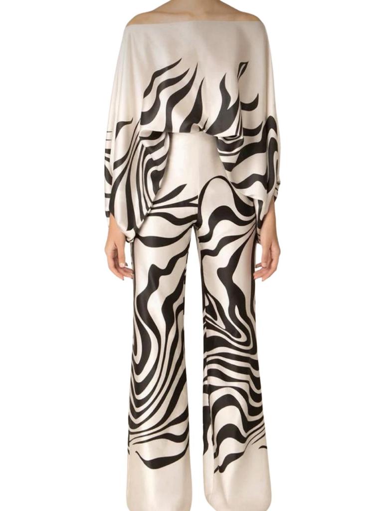 D9713 Women's Casual Satin Print One-Shoulder Top & Long Pants Two-Piece Set